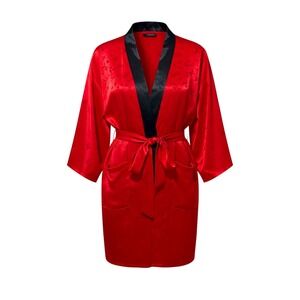 Vintage Silver Lake Red Rayon Kimono Robe Black Trim 3/4 Sleeve Boho Oversized